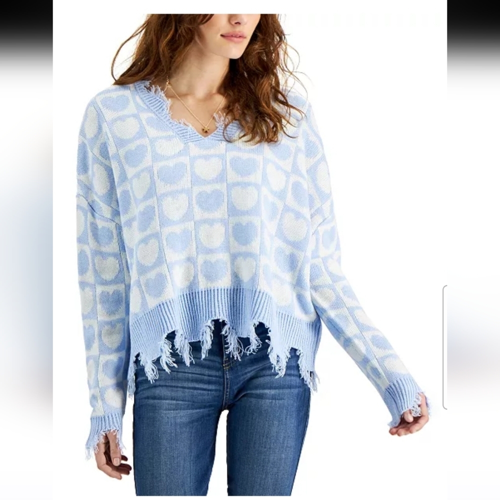 Just Polly Hearts White‎ and Blue Fringe Sweater